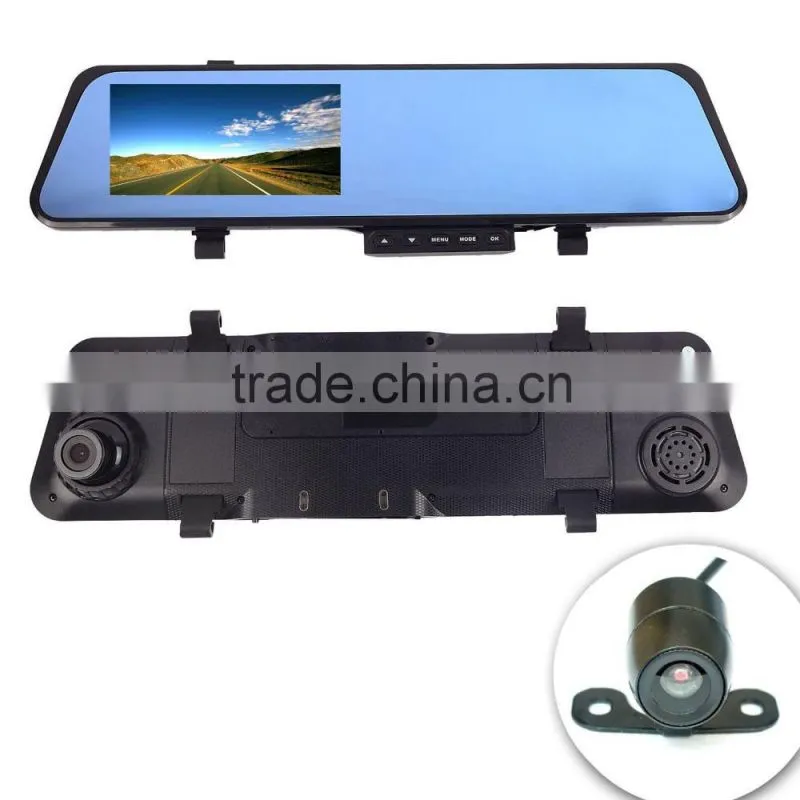 1080P Full HD 4.3" G-sensor Dual Lens Rearview Camera Car DVR Road Dash Video Rearview Mirror Cam with Night Vision