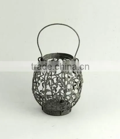 100138F- metal cage candle lantern w/leaves design