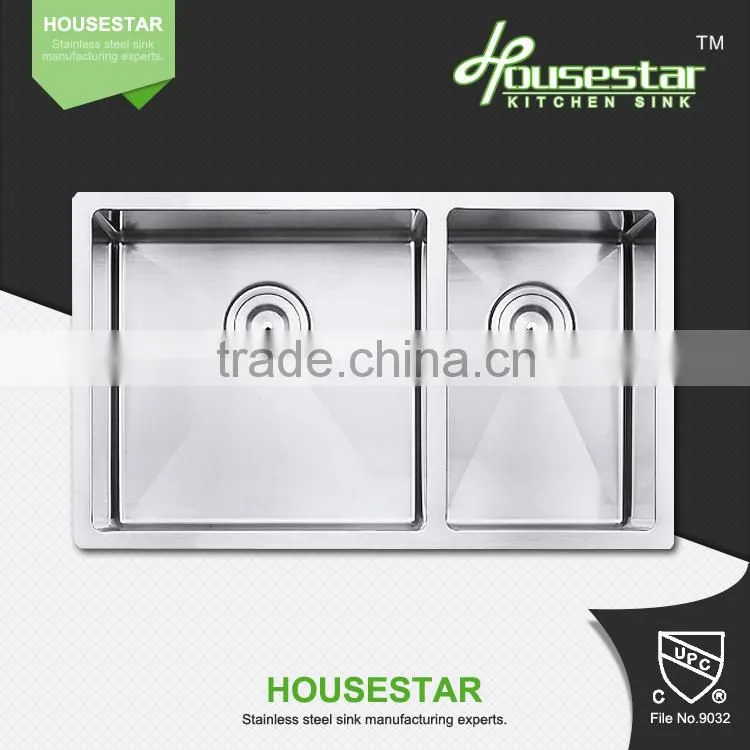R3318 CUPC approved undermount double bowl handmade stainless steel kitchen wash sink with brush finish
