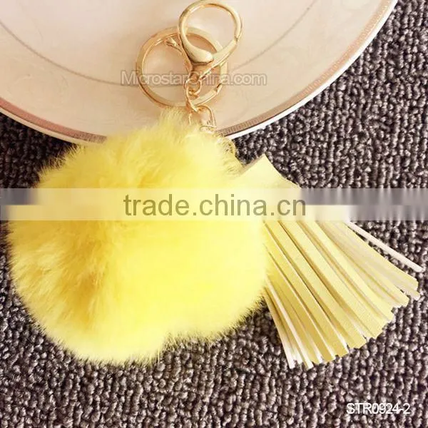 Promotion In Stock Rabbit Fur Ball Leather Tassel Key Chain