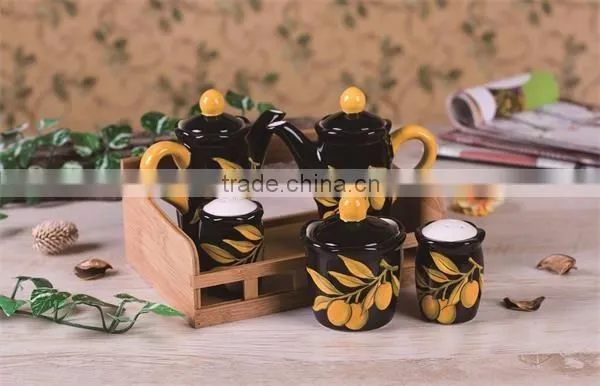 Wholesale Black Ceramic Salt Pepper Oil and Vinegar Set with Wooden Stand