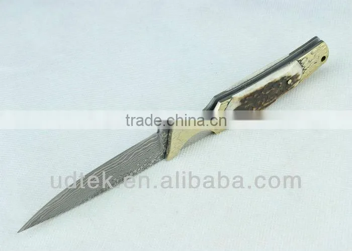 Antler + Brass Handle OEM Damascus Steel Folding Knife Collection Knife Hand Tool UDTEK01304