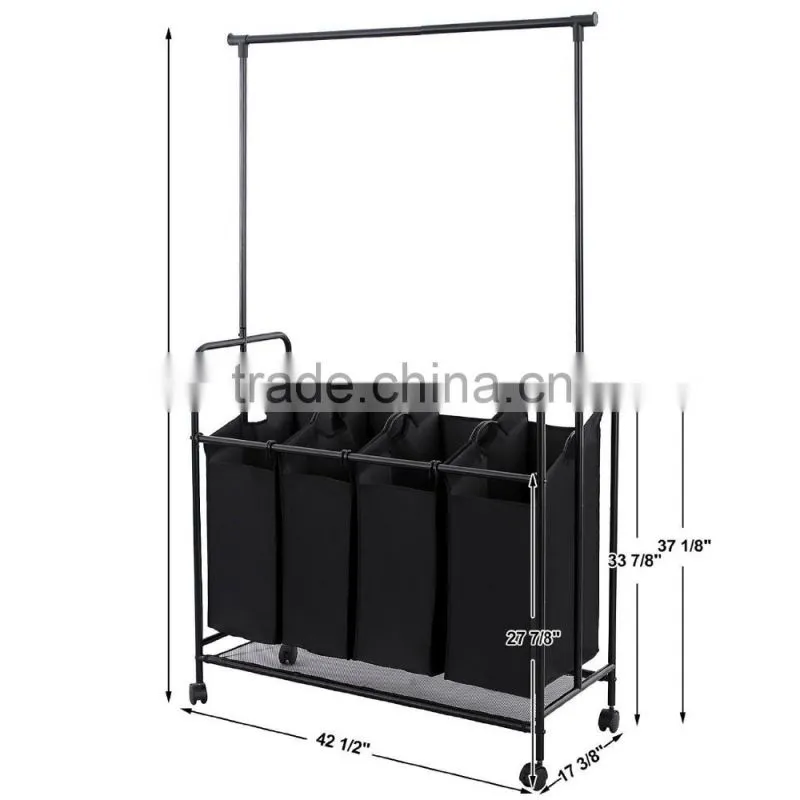 Black Heavy Duty 4-bag Rolling Laundry Sorter/Cart/Rack Hamper with Hanging Bar