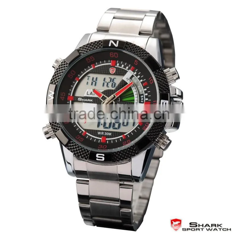 Shark Mens Digital LCD Dual time Quartz Stainless Steel Sport Watch
