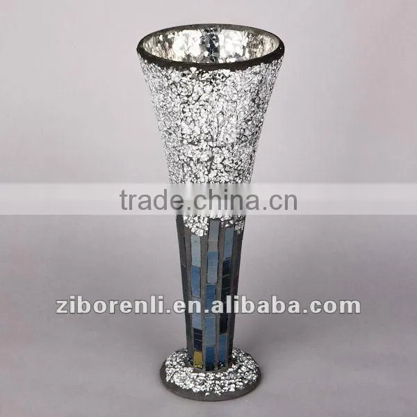 Modern Home Accessory Silver Grey Crackle Mosaic Antique Tall Trumpet Glass Vases