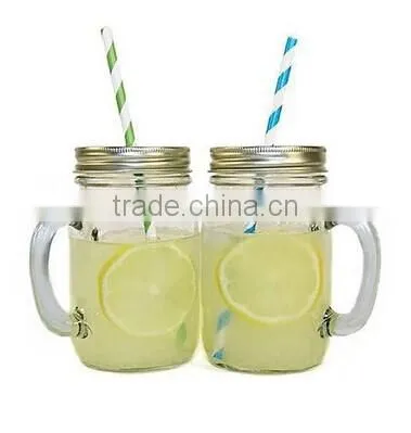 clear cylinder glass jam jar with metal lid with platic straw