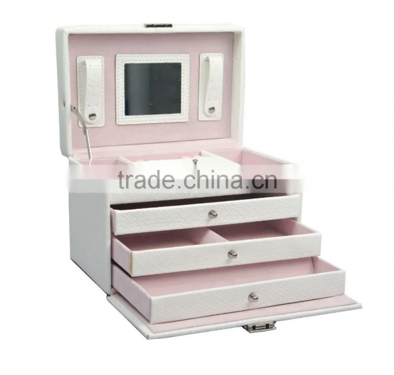 Classical White Faux Leather Mirrored Jewelry Box With Lock And 3 Drawers