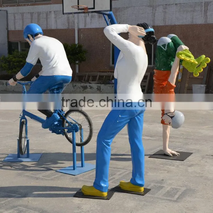 Outdoor FRP man with bicycle statue