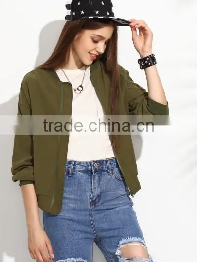 Olive Green Drop Shoulder ladies Bomber Jacket With Zip Pocket