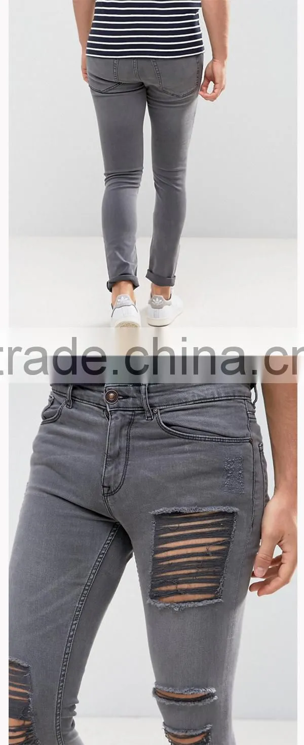 New style custom men's skinny jeans pants with extreme rips in grey wash