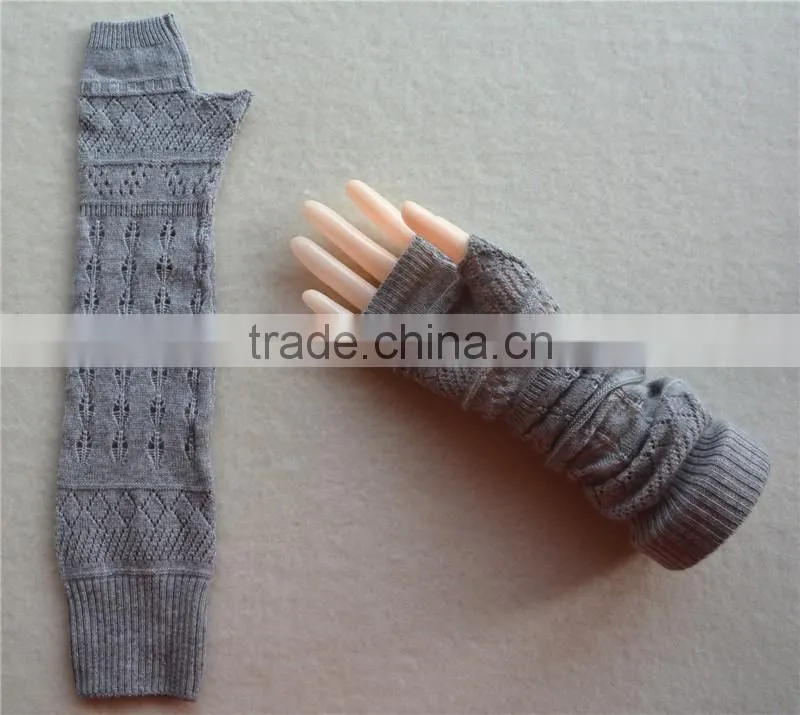 2016 new design knitted elbow length winter gray grey fingerless 100% cashmere gloves wholesale knitting pattern