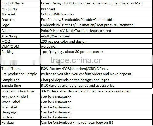 Latest Design 100% Cotton Casual Banded Collar Shirts For Men