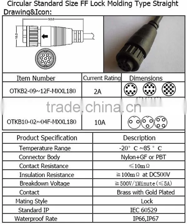 Circular standard size FF lock molding type straight Waterproof Connector