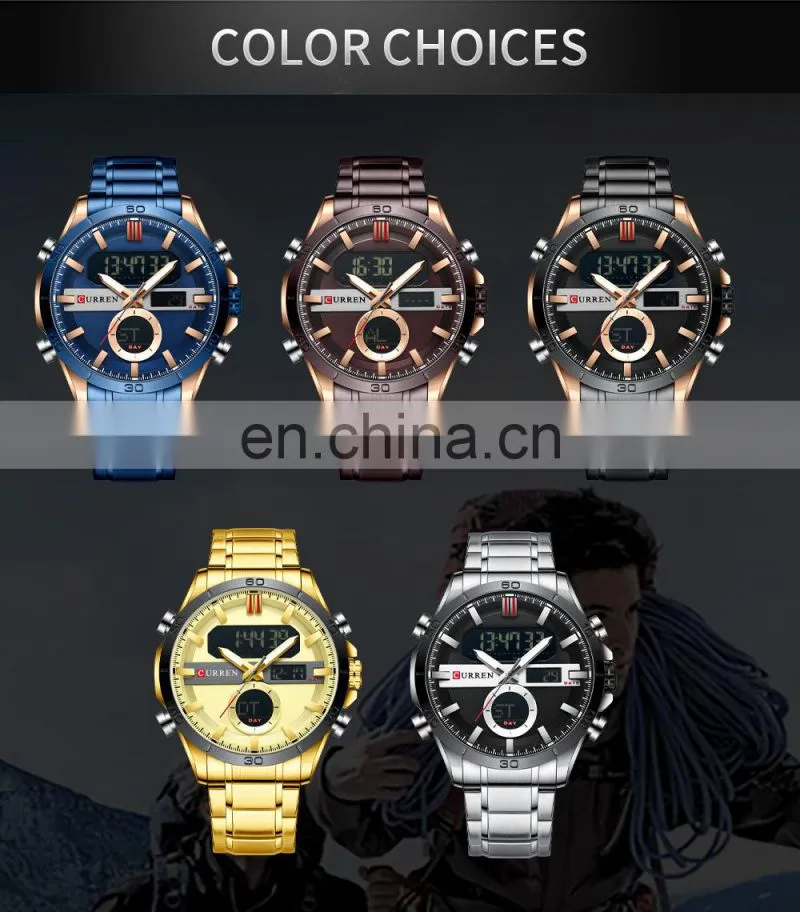 CURREN 8384 Men's Digital Watches Fashion Sport Stainless Steel Chronograph Luminous LED Gold Watch
