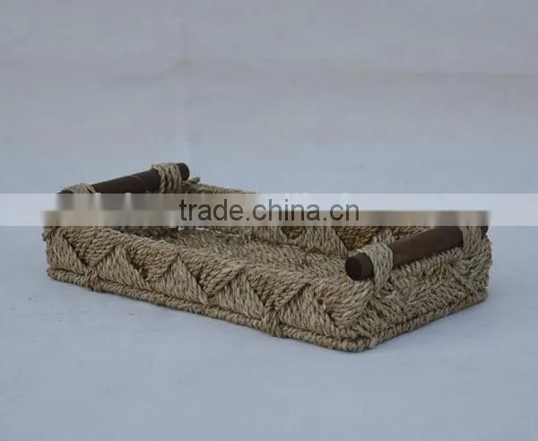rectangular seagrass woven decorative table storage tray with wood handle