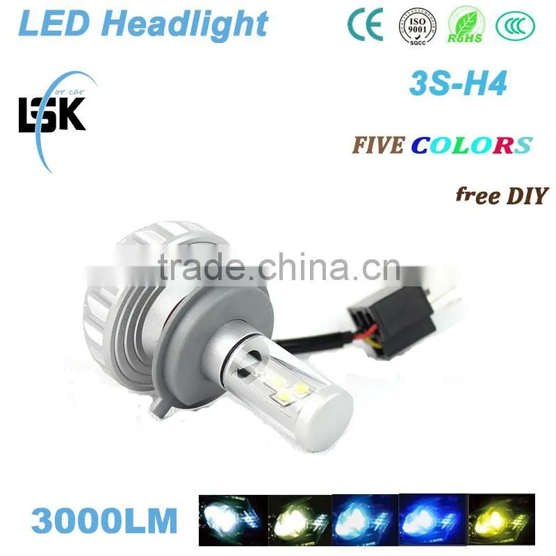 Newest high brightness light 12v-24v car headlight 3000lm for motorcycle, 3s led head bulbs with five colors changeable