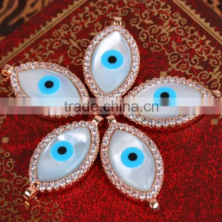 JF8608 Silver gold rose gold plated CZ micro pave MOP marquise charm connectors,Diamond pave MOP shell evil eye charms