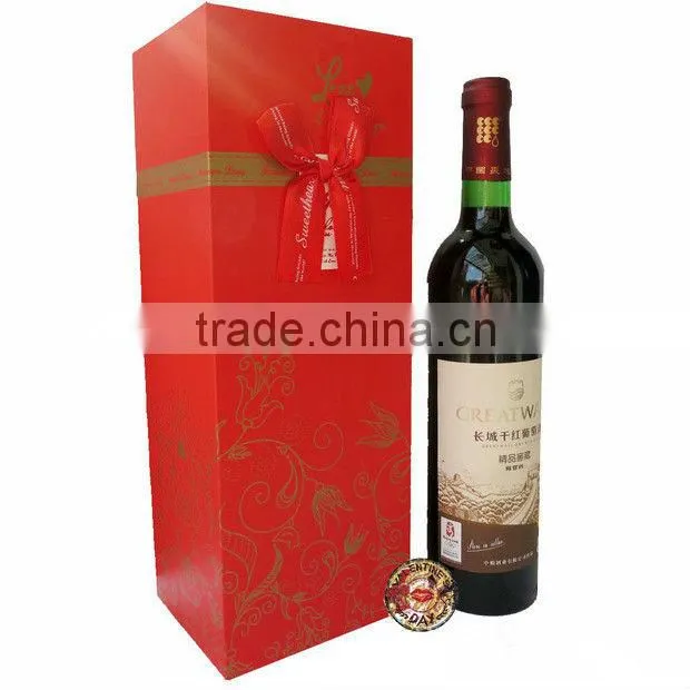 Paper red wine gift box with hot stamping and ribbon packaging and printing box in Guangzhou China