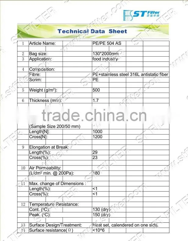 130mm*2000mm food grade filter bag,filter bag dacron with antistatic fiber