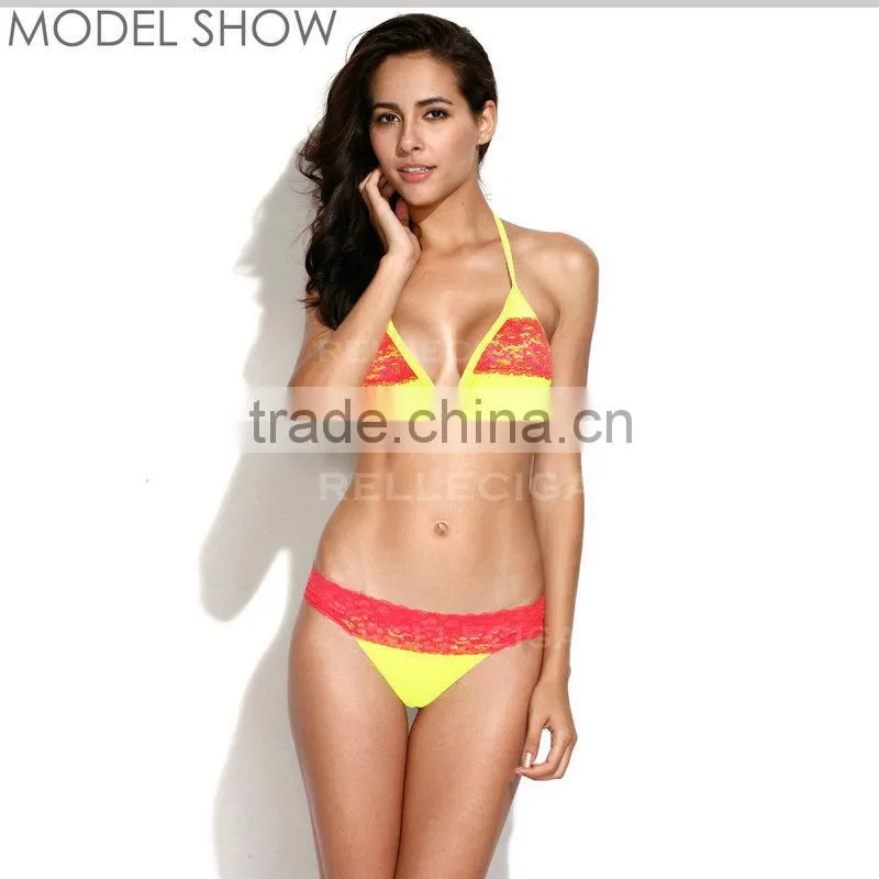 RELLECIGA 2016 Lace Collection -New Neon Yellow + Cross Red Lace Bikini Swimsuit with Triangle Top and Brazilian Cut Scrunch But