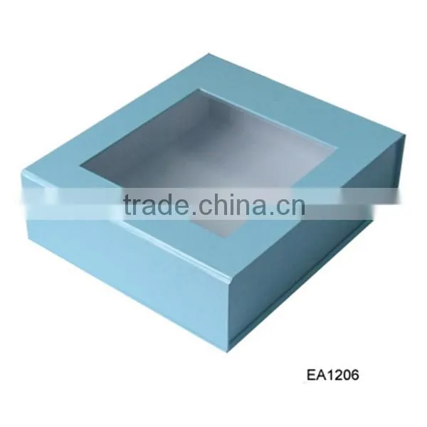 Paper gift packaging box with lid, blue paper box with clear window