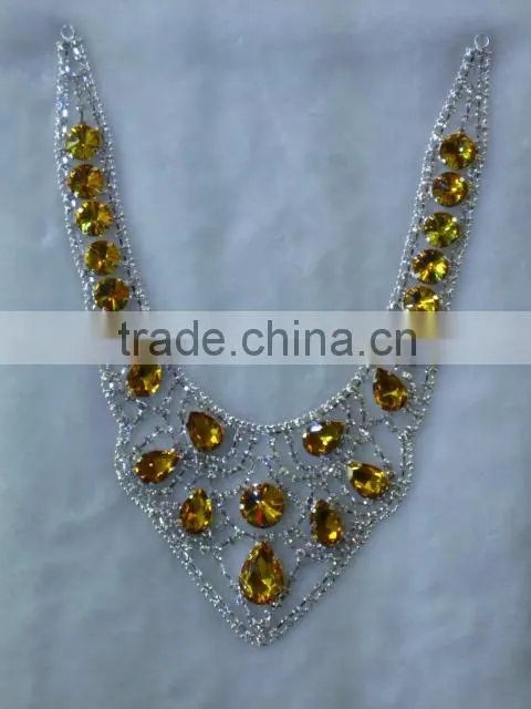 2014 New Design rhinestone applique Handmade neon color Strass crystal necklace chain for wedding dress