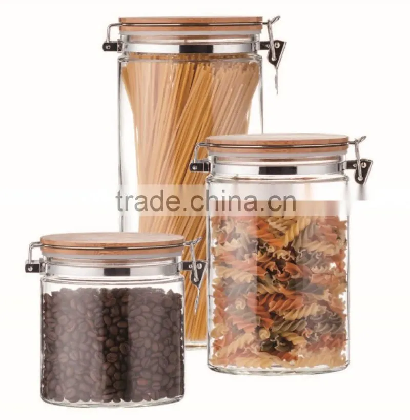 SINOGLASS trade assurance 3 pcs set clip top glass storage jar with bamboo lid