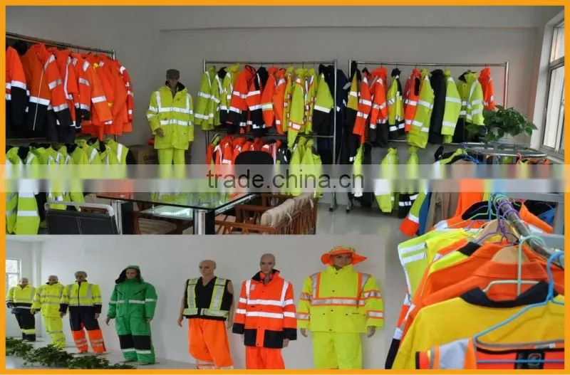 Safety Flourescet yellow &orange waterproof rain gear wear rain suit polyester /pvc nylon/pvc hi visibility raincoa