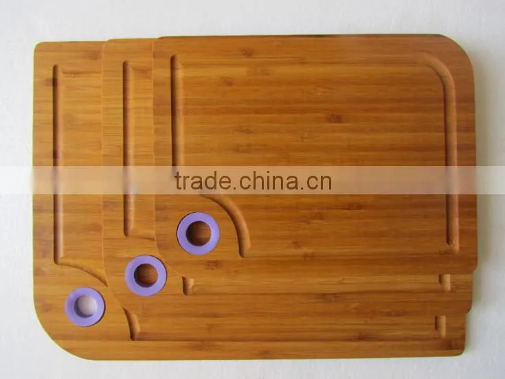 Display Groove Serving Water Juice Bamboo Wooden Cutting Board Set with Round Color Silicone Circle