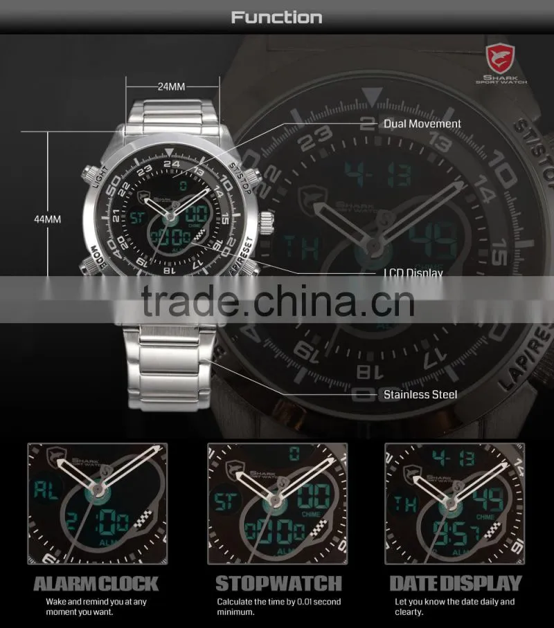 Shark Men Sport Brand New LED Analog Dual Time Zone Black Dial Japan Qaurtz Multifunction Movement Watch