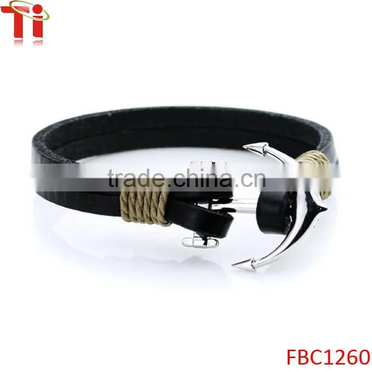 Handmade Raw Made Genuine Real Leather with Silver Plated Anchor Charm as Clasps, Unisex