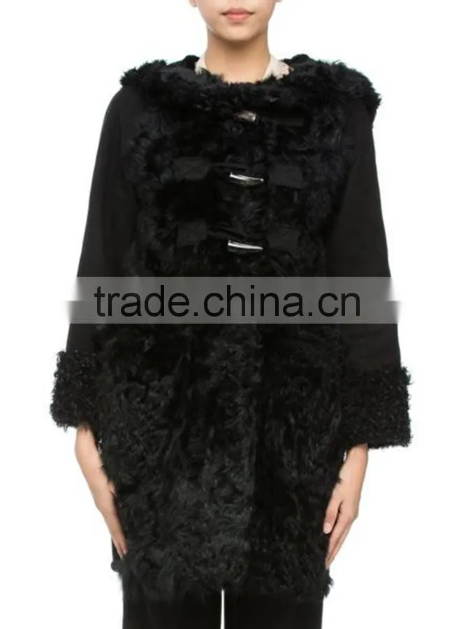 Customized ladies' long Chinese full lambskin hooded coat with horn toggles button