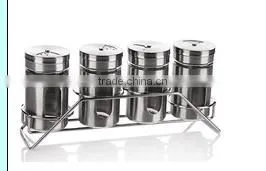 wholesale set of 4pcs glass spice jar bottle set with metal stand stainless steel cover