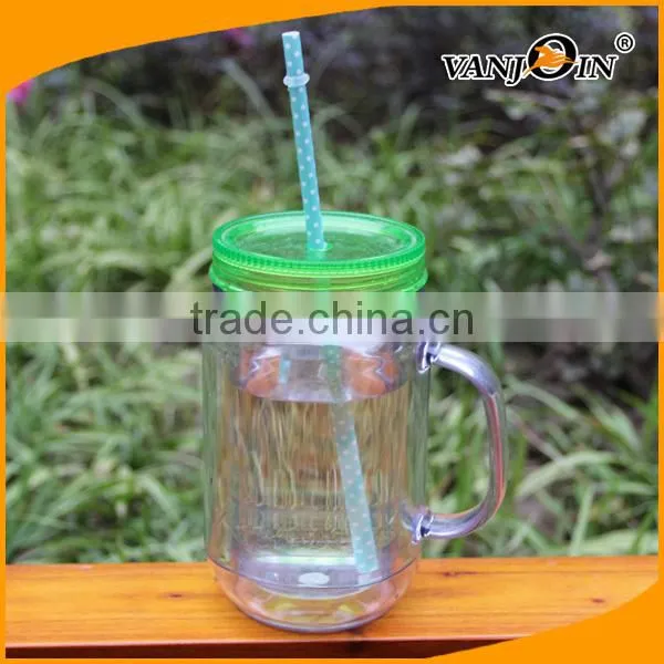 Custom plastic mason jars bottles with straw and handle