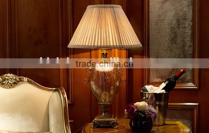 Olivary design clear glass body metal bottom fabric lampshade table lamp