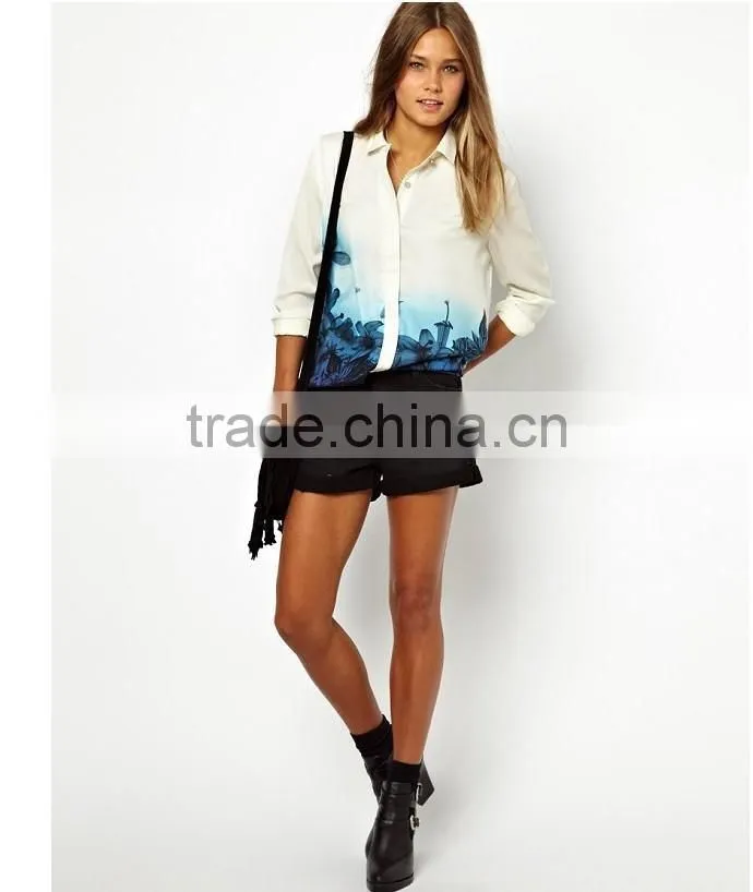 New women fashion Blue Floral Pattern Turn down Collar Chiffon summer Blouses Ladies fashion blouse shirts