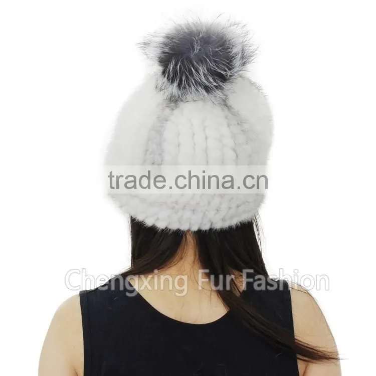 CX-C-239G Women Fashion Fox Fur Pom Pom Winter Knitted Mink Fur Hat And Cap