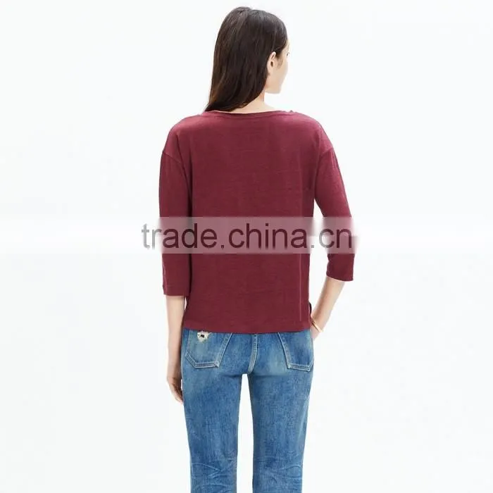 Claret modern linen three quarter sleeve women t shirt