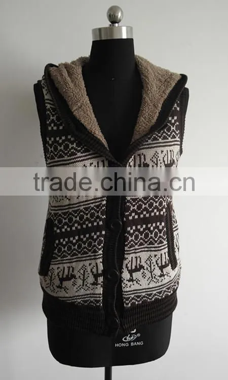 Ladies sleeveless jacquard knit sweater coat with hood