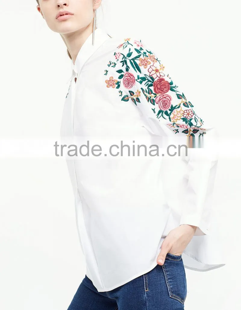 2017 spring and summer national style embroidered long sleeve blouse lapel embroidery white cotton shirt