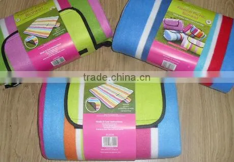 2014Xinbo Fleece waterproof backing bright striped picnic fold away outdoor blanket