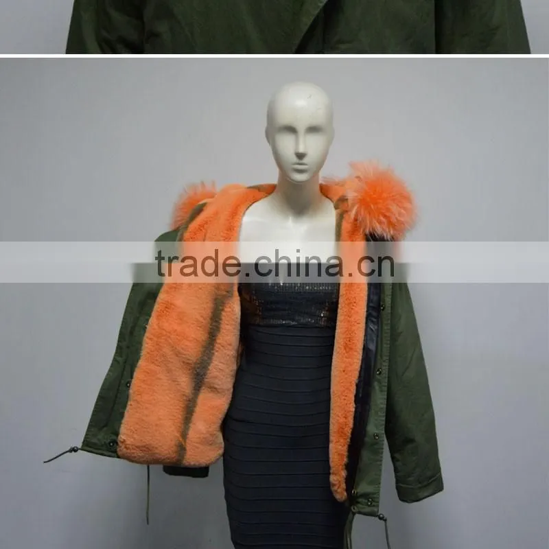 New style orange stripe faux fur lined with raccoon fur collar fur coat for woman