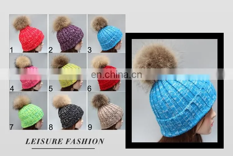 New product colorful knit hats wholesale fancy raccoon fur ball women floppy hat