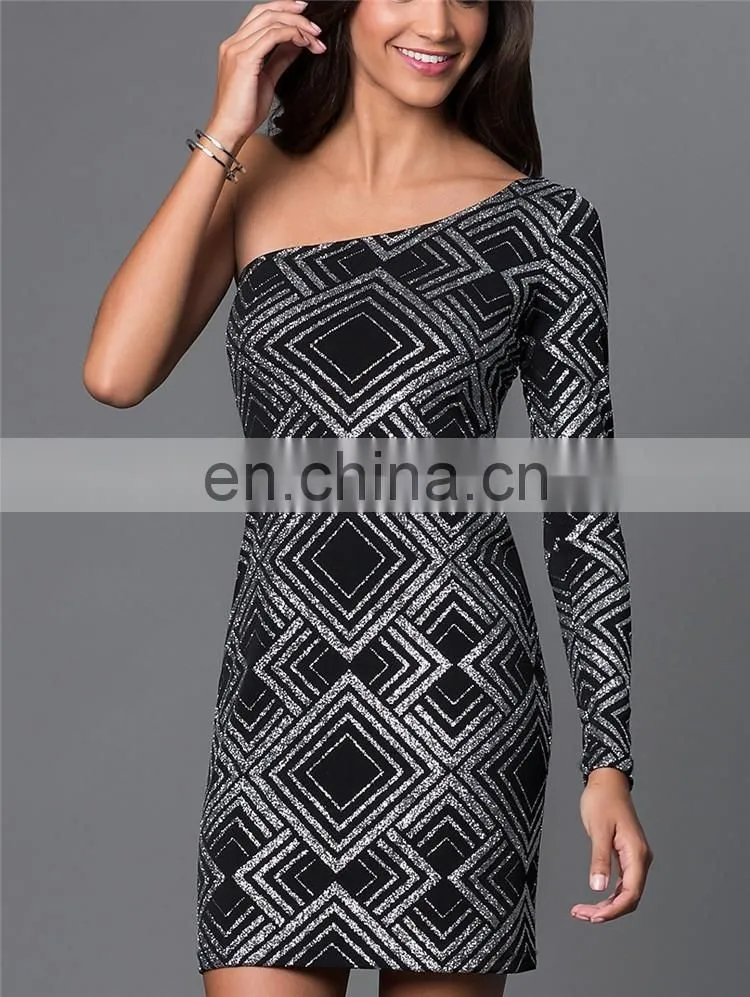 Wholesale One Sleeve Silver Glitter Print Dress Design Women Party Dresss