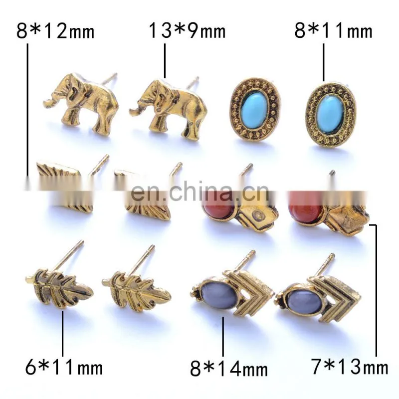 6pcs/set 2017 Europe and the United States Bohemian elephant leaves stack earrings for ladies