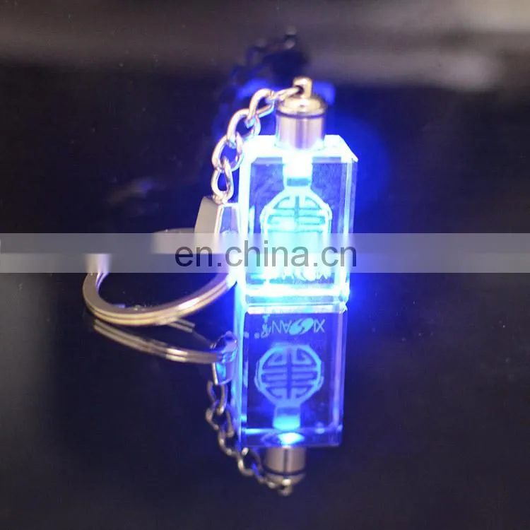 Custom lucky laser engraving glass bottle photo crystal led light keychain with charms