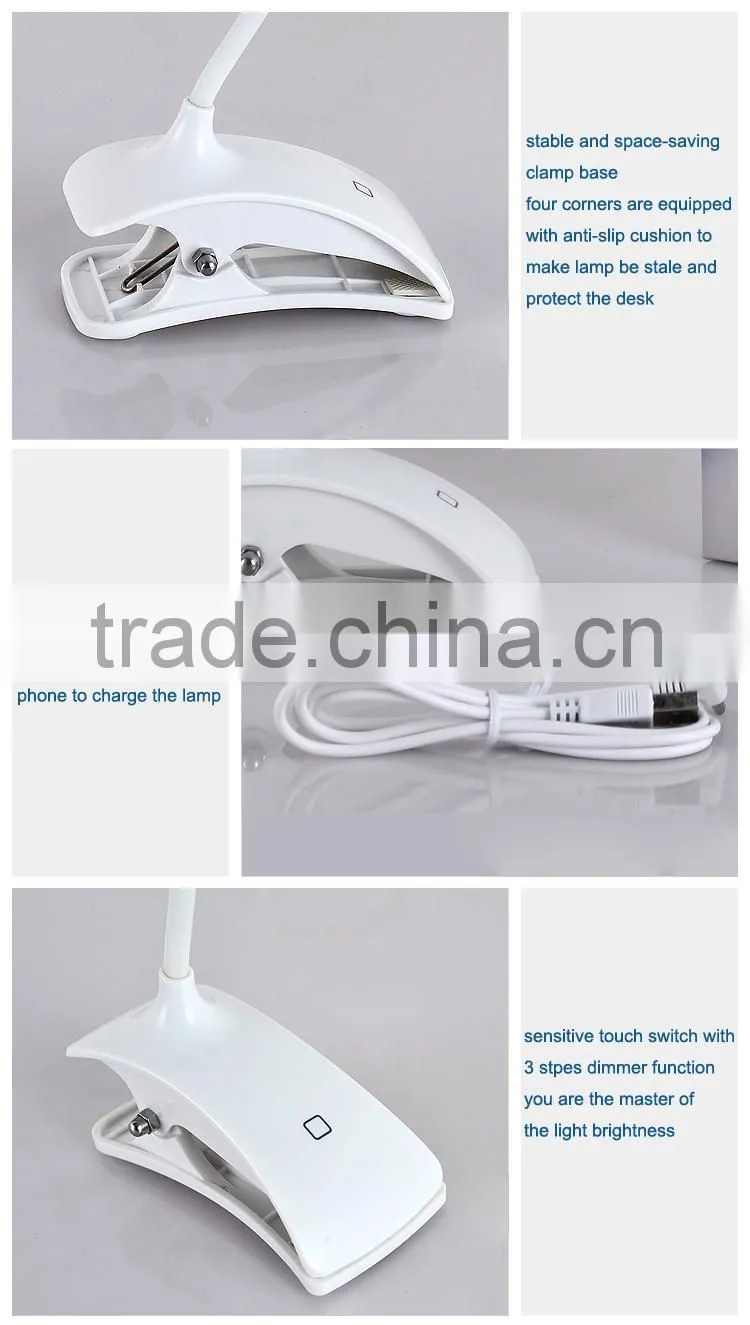 Rechargeable Flexible JK-853C dimmable led desk lamp 360 degree in door foldable Color changeable clip led table light