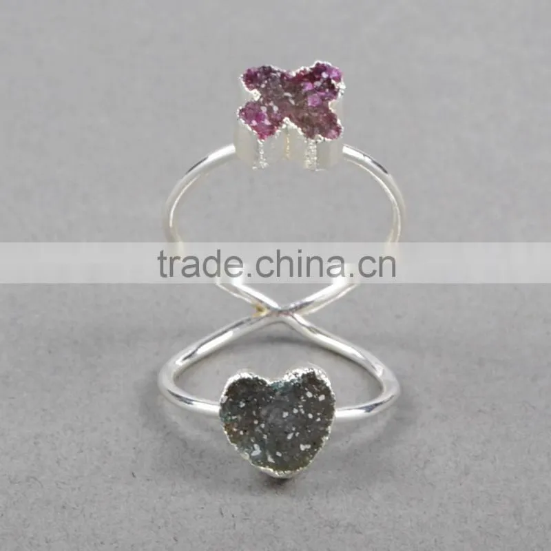 Druzy wrapped authintic stone full finger ring in sterling silver gems ring