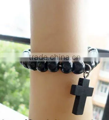 wood bead bracelet with cross