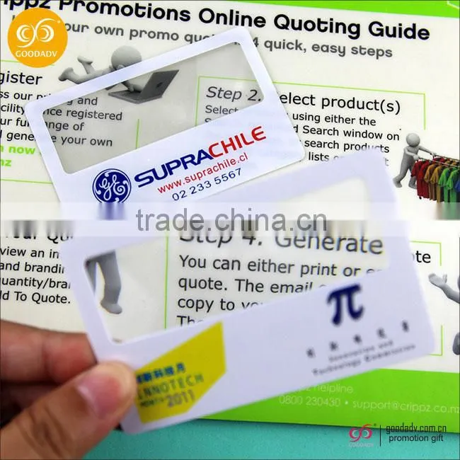 Credit card hand magnifiers glass/hand lens with calibration for promotion gift/plastic magnifying glass